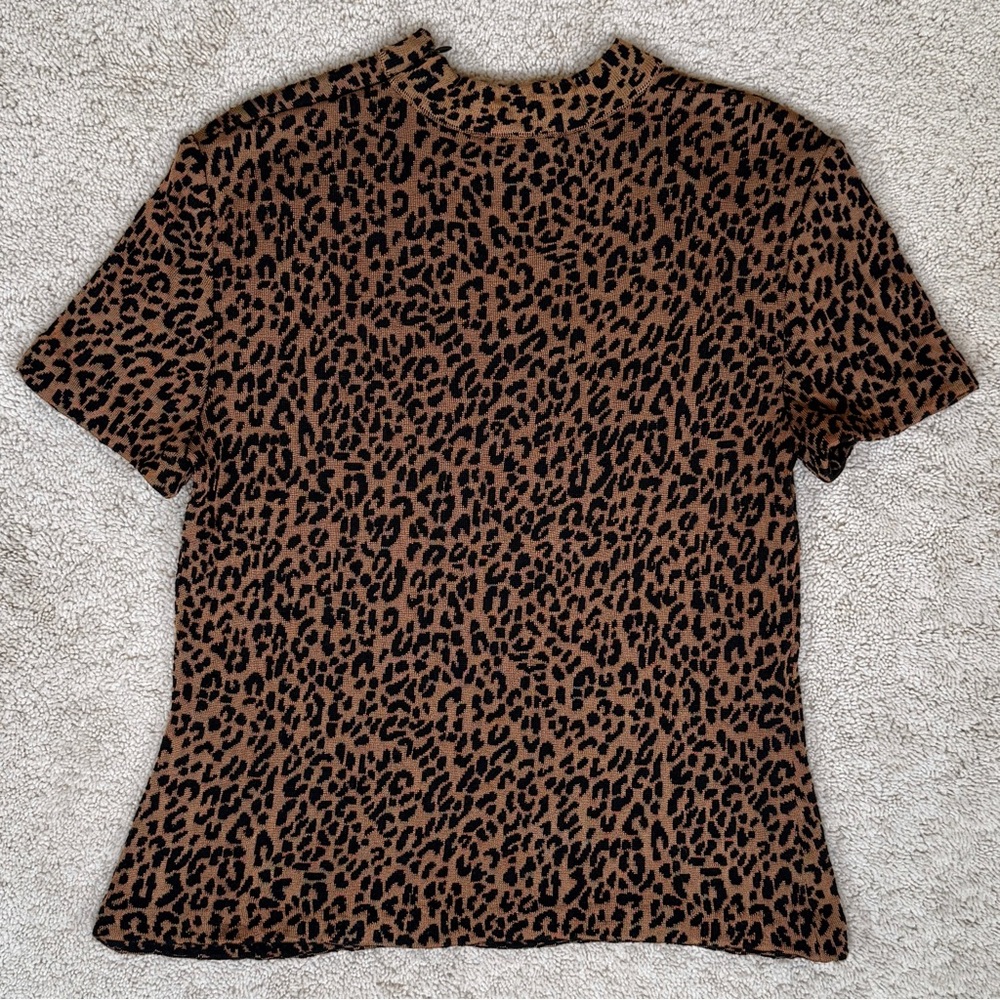 St. John Knit Leopard Animal Print Mock Neck Short Sleeve Top - Picture 7 of 17